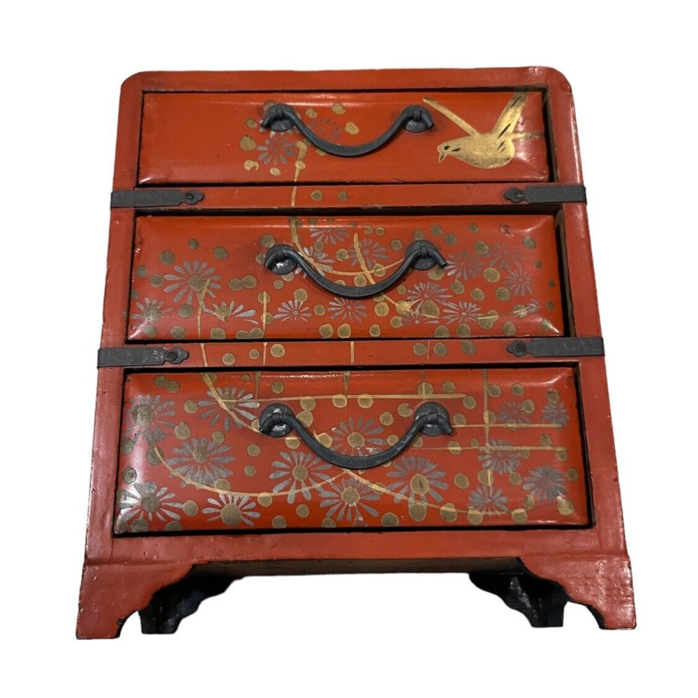 Vtg Jewelry Box Lacquer Asian Red Flower Floral Lacquerware Trinket Japan